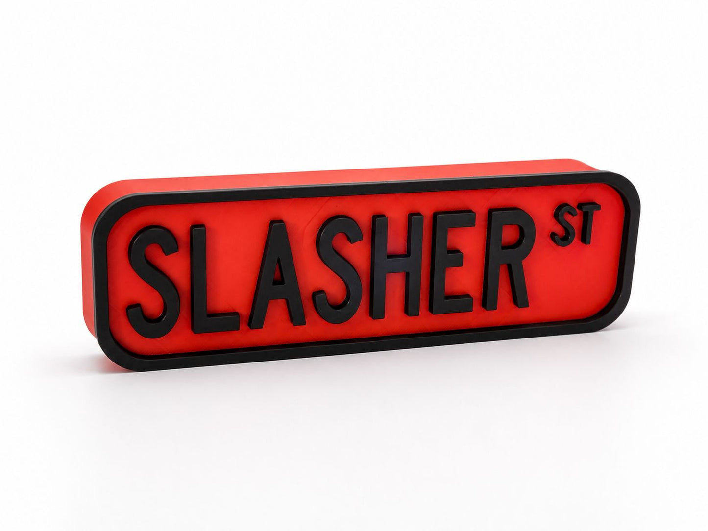 A red rectangular sign with the word "SLASHER ST" in black letters.