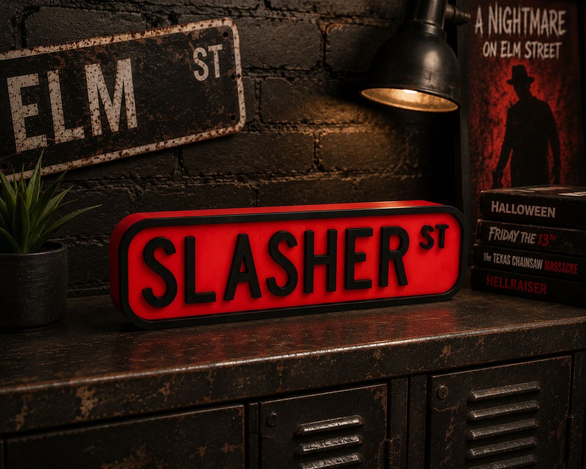 a red sign with the word "SLASHER" on it, placed on a metal surface. There are also some books and a lamp in the background, creating a scene that appears to be related to the "Slasher" movie franchise.