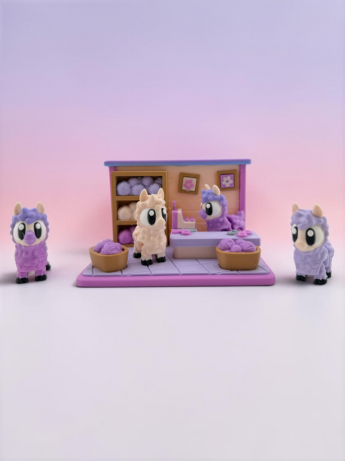 A toy shop scene with four purple and white llama figurines, each holding a basket of yarn, arranged in front of a pink and purple toy shop display.