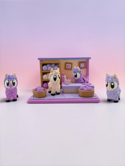 A toy shop scene with four purple and white llama figurines, each holding a basket of yarn, arranged in front of a pink and purple toy shop display.