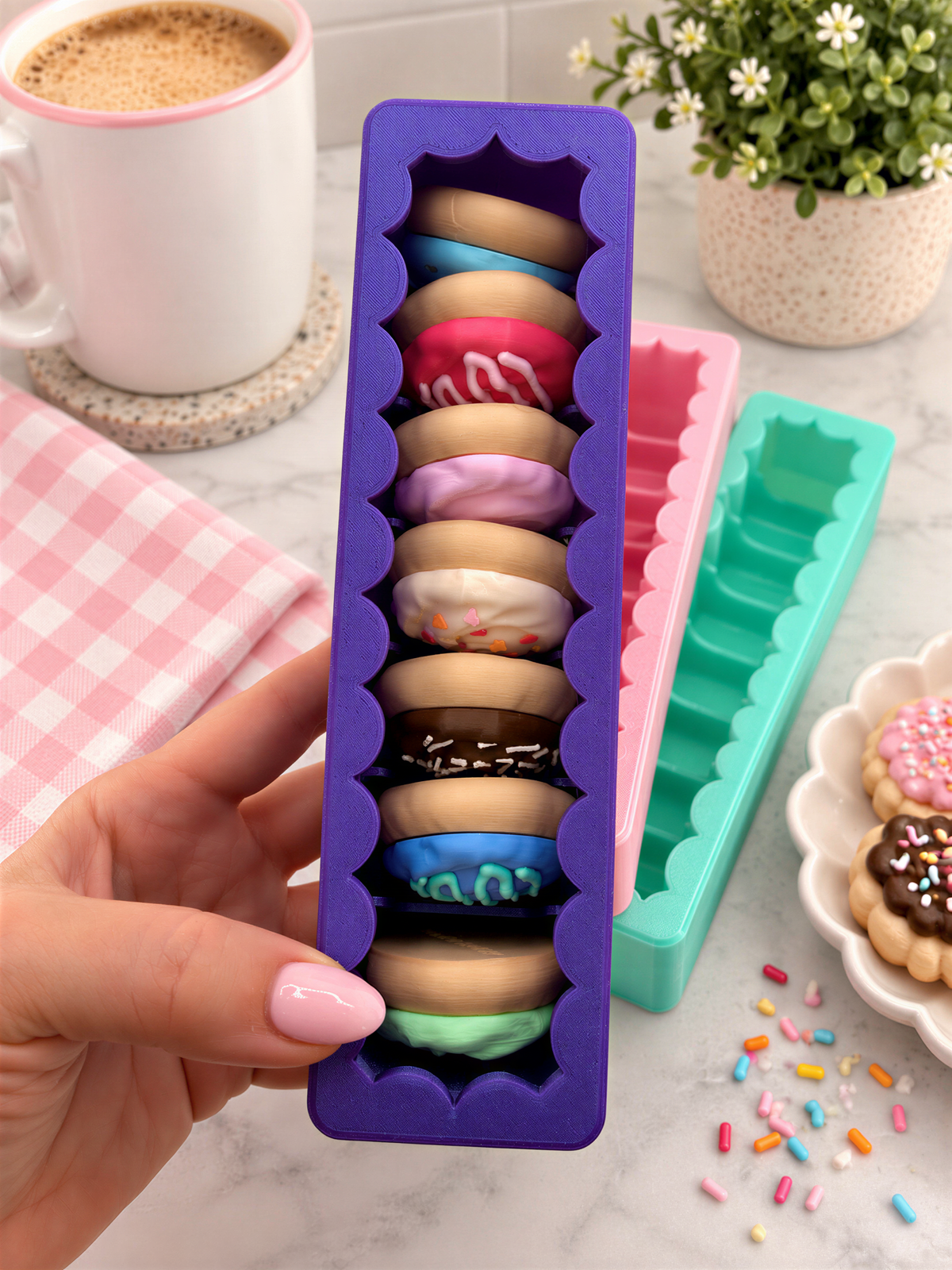 A hand holding a purple container filled with colorful donut-shaped cookies, surrounded by other donut-shaped cookies and a mug of coffee on a table.