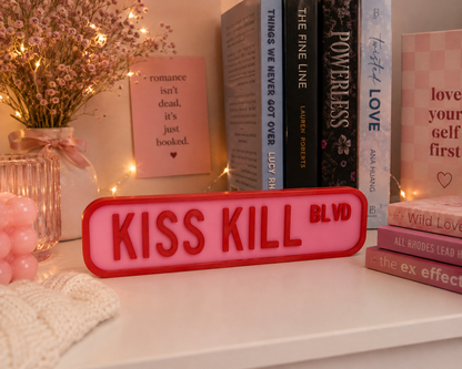 Kiss Kill Blvd Street Sign Shelf Sitter | Romance Reader Bookish Decor | Pink Bookshelf Sign
