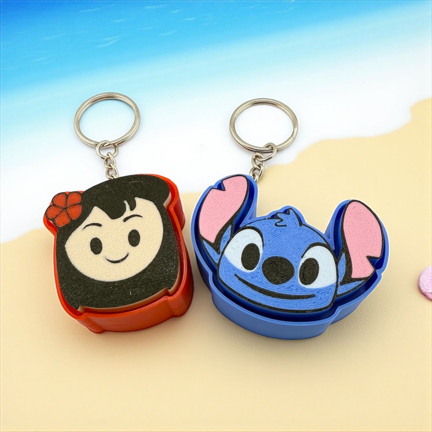 Island Duo Clicker Keychains – Cute Hawaiian Girl & Blue Alien Fidget Set | Kawaii Beach Vibes