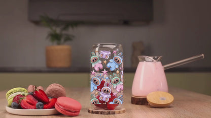 UV DTF Cup Wrap | Cute Bunny Monster Kawaii Design | 16oz Libbey Glass Can Wrap | Pastel Cartoon Tumbler Decal | Cute Aesthetic Drinkware