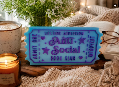 Anti Social Bookish Decor - 3D Printed Shelf Sitter | Funny Book Gift | Purple Blue Ticket Style