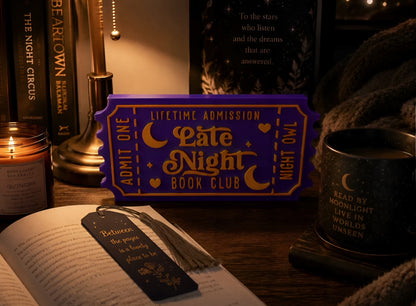 Late Night Book Club Ticket – 3D Printed Shelf Sitter | Cozy Reading Nook Decor