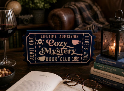 Cozy Mystery Decor – Small Town Whodunit Ticket Shelf Sitter | Bookish Shelf Accent