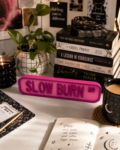 Slow Burn Desk Sign – Pink 3D Printed Street Sign | Bookish Desk Decor for Romance Readers